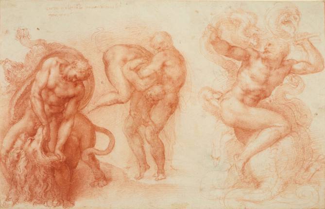 contemplating the divine Michelangelo Buonarroti (Italian, Caprese 1475–1564 Rome). “Three Labours of Hercules.” 1530–33. Drawing, red chalk; 10 11/16 x 16 5/8 in. ROYAL COLLECTION TRUST/© HER MAJESTY QUEEN ELIZABETH II 2017. www.royalcollection.org.uk"www.royalcollection.org.uk
