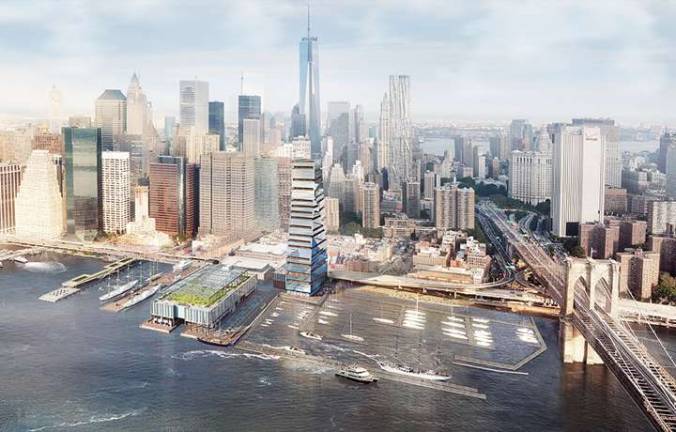 Howard Hughes&#x2019; revised proposal includes a 494-foot, 42-story tower on the north side of Pier 17, at the same site on the New Market building as their previous Seaport proposal.