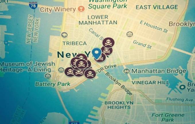a call to curtail tobacco availability The blue dot indicates Urban Assembly of Emergency Management High School on Pearl Street, while the skull and crossbones buttons represent the cluster of tobacco retail outlets surrounding the school.