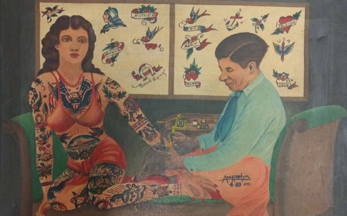skin deep Ace Harlyn (active ca. 1930–40). Charlie Wagner tattooing Mildred Hull, 1939. Oil on canvas. Collection of Brad Fink, Daredevil Tattoo NYC