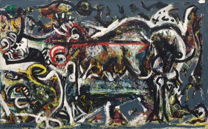america’s Drip Master at moma Jackson Pollock (American, 1912-1956). "The She-Wolf." 1943. Oil, gouache, and plaster on canvas, 41 7/8 x 67? (106.4 x 170.2 cm). The Museum of Modern Art, New York. Purchase, 1944 © 2015 Pollock-Krasner Foundation / Artists Rights Society (ARS), New York