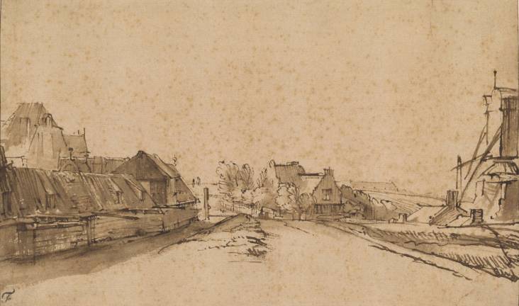 Drawn to Collecting Rembrandt van Rijn (1606–1669), "The Bulwark De Rose and the Windmill De Smeerpot, Amsterdam," ca. 1649-52, pen and brown ink and wash, Thaw Collection, The Morgan Library & Museum. Photo: Steven H. Crossot
