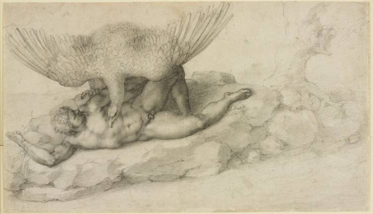 contemplating the divine Michelangelo Buonarroti (Italian, Caprese 1475–1564 Rome). “Tityos (recto); Sketches for a Resurrection of Christ (verso).” Drawing. Ca. 1530–32. Black chalk; sheet: 7 1/2 x 13 in. Lent by Her Majesty Queen Elizabeth II (RCIN 12771). ROYAL COLLECTION TRUST/© HER MAJESTY QUEEN ELIZABETH II 2017. www.royalcollection.org.uk"www.royalcollection.org.uk