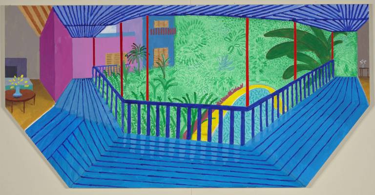 Take a Bow, David Hockney David Hockney, "A Bigger Interior with Blue Terrace and Garden." 2017, acrylic on canvas. Collection of the artist. © David Hockney. Photo: Richard Schmidt