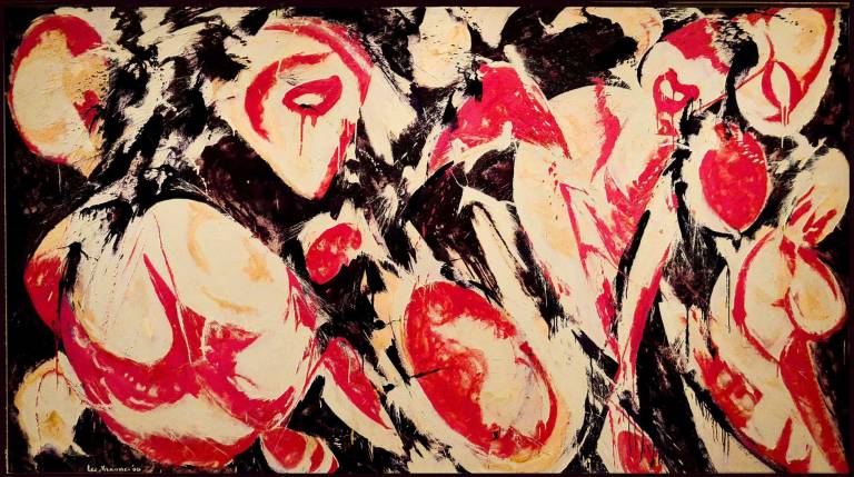Modern Girl Power A close look at Lee Krasner's 10.5-foot oil on canvas “Gaea” (1966) reveals the sweeping gestures and the physical effort the artist employed. Photo: Adel