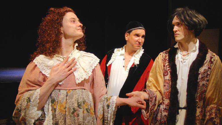 Romeo and Juliet and wrestling to do George K. Wells as Juliet, Nicholas Martin-Smith as the Prince and Christopher Moore as Romeo in Hudson Warehouse's "The Complete Works of William Shakespeare (Abridged)." Credit: Susane Lee