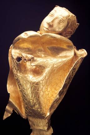 Kinnari. Surigao, ca. 10th&#x2013;13th century. Gold. H. 4 &#xbe; x W. 2 15/16 in. (12 x 7.5 cm). Ayala Museum Collection, Cat. No. 81.5189. Photography by Neal Oshima; Image courtesy of Ayala Museum.