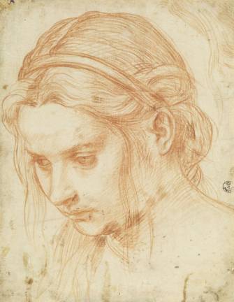 Andrea del Sarto (Italian, 1486 - 1530), Study of the Head of a Young Woman, about 1523 Red chalk, 21.7 x 17 cm (8 9/16 x 6 11/16 in.) Framed: 52.5 x 39.5 x 3 cm (20 11/16 x 15 9/16 x 1 3/16 in.) Istituti museale della Soprintendenza Speciale per Il Polo Museale Fiorentino