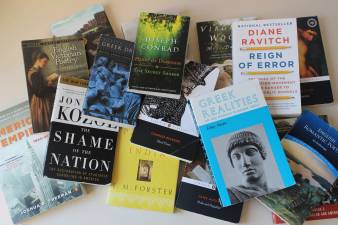 An assortment of books from English, history and ethics courses offered at Ethical Culture Fieldston School in the Bronx, several in lieu of Advanced Placement classes. Photo: Ariana Giulia Reichler