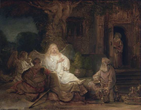 Rembrandt, &#x201c;Abraham Entertaining the Angels,&#x201d; 1646. Oil on oak panel, 6 3/8 x 8 3/8 in. Private collection. Photo: Michael Bodycomb