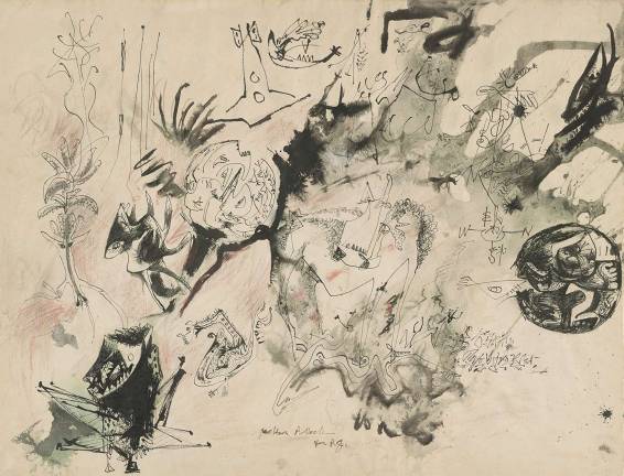 Jackson Pollock (1912&#x2013;1956), &quot;Untitled [Drawing for P.G.],&quot; ca. 1943, pen and black ink and wash, green ink wash, red colored pencil, and orange watercolor pencil &#xa9; 2017 The Pollock- Krasner Foundation / Artists Rights Society (ARS), New York