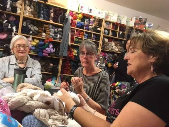 Knitted Knockers founder Barbara Demorest (right) talks with Knitty City group in September. Photo: Leslie Gersing