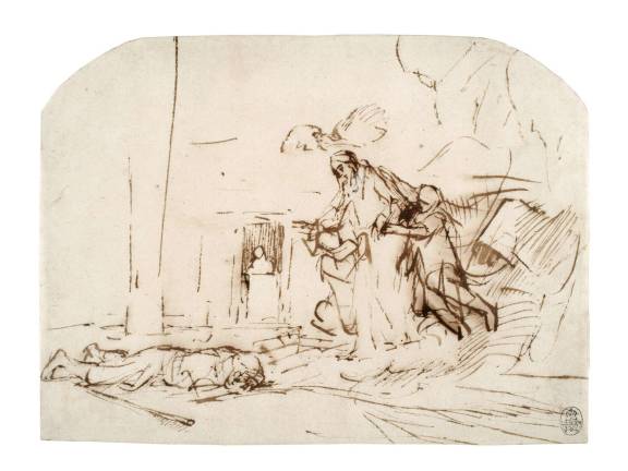 Rembrandt, &#x201c;God Announcing His Covenant with Abraham,&#x201d; ca. 1656&#x2013;58. Pen and ink on paper, 7 &#xbe; x 10 1/2 inches. Kupferstich-Kabinett, Staatliche Kunstsammlungen Dresden. Photo: Herbert Boswank