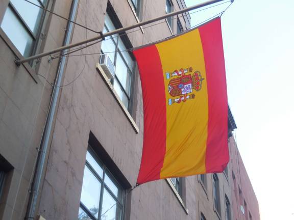 Spanish flag outside La Nacional (Spanish Benevolent Society). Photo by Raanan Geberer