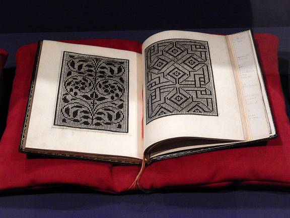 &quot;Ein new kunstlich Modelbuch&quot; published in Cologne in the 16th century, one of many needlework design books on display Photo by Adel Gorgy