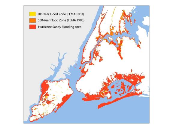 A map shows that the&#160;areas with a heightened risk of flooding did, in fact, line up with the areas hardest hit by Hurricane Sandy in 2012.&#160;Map courtesy of FEMA