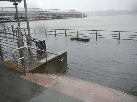 Looking west from flooded Pier 95, at West 55th Street, on Oct. 30, 2012, the day after the storm surge hit New York City. Photo: Jim.henderson, via Wikimedia Commons.