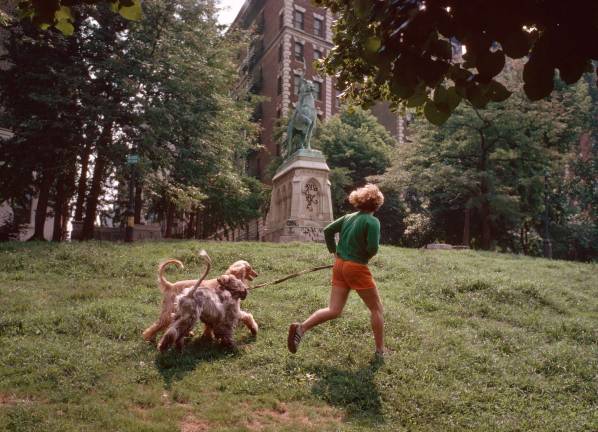 "Dog Walker at Joan of Arc Monument," Riverside Park, 1978. Gary Settle, NYC Parks Photo Archive