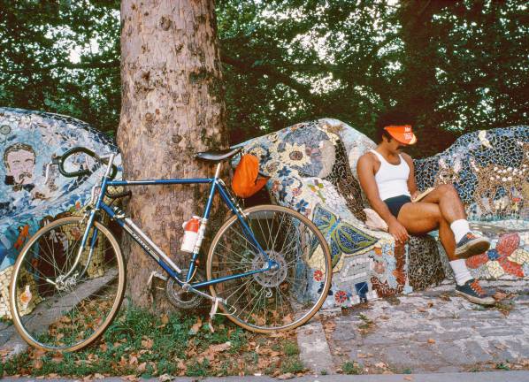 "Man With Bike, Mosaic Benches," Grant's Tomb, Riverside Park, 1978. D. Gorton, NYC Parks Photo Archive
