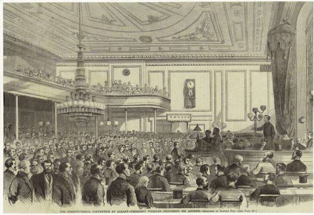 Delegates to the state Constitutional Convention convened in the state Capitol in Albany in 1867 for a speech by William Wheeler, a future U.S. vice president, who argued that the concept of racial equality should be incorporated into the Constitution. Engraving:&#xa0;Stanley Fox,&#xa0;via&#xa0;New York Public Library collection