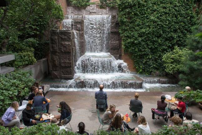 A 25-foot-high waterfall with a pool at the base is the central feature of Greenacre Park on East 51st Street, which was just named to the National Register of Historic Places. Photo Courtesy of Greenacre Foundation / Howard Jay Heyman