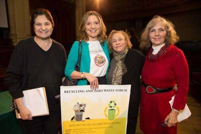 From left, Lisa DiCaprio (SierraClub NYC and 350NYC), Melissa Elstein (West 80s Neighborhood Association), Ellen Durant (United for Action), Catherine Skopic (350NYC) at the Recycling and Zero Waste forum, held Nov. 10 at the West-Park Presbyterian Church. Photo: Oriel Pe'er Photography