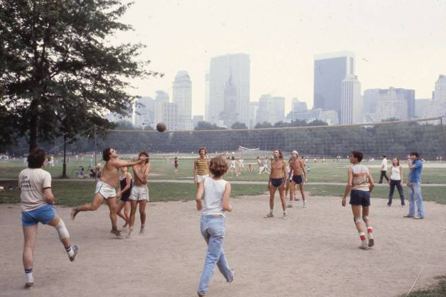 Volleyball players at Sheep Meadow, Central Park, 1978. Photographer possibly Paul Hosefros. NYC Parks Photo Archive