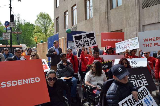 Transit advocates held a demonstration on West 72nd Street May 7, 2018 to protest the MTA&#x2019;s failure to install elevators as part of a station improvement project. Photo: Michael Garofalo