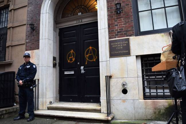 The Metropolitan Republican Club was vandalized prior to an event featuring Proud Boys founder Gavin McInnes. Photo: Michael Garofalo