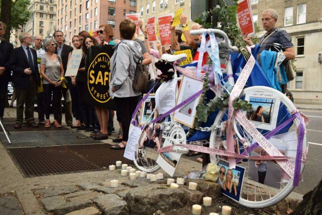 Street safety advocates gathered Sept. 17 to dedicate a “ghost bike” in memory of Madison Jane Lyden, a cyclist who was struck and killed on Central Park West near 67th Street on Aug. 10. Photo: Michael Garofalo