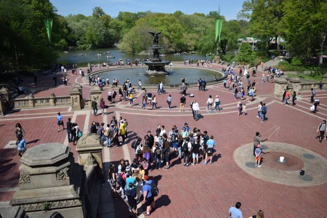 Bethesda Fountain last week. The entire terrace was completely rebuilt in the early 1980s with new stone quarried from the original sources. Sculptors also worked to restore the terrace’s ornamentation, including its sandstone. The fountain, “Angel of the Waters,” created by Emma Stebbins, was renovated in 1988. Photo: Michael Garofalo