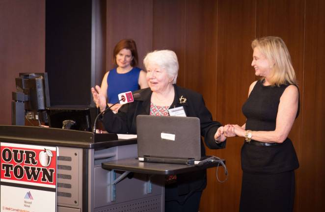 Emcee Roma Torre, left, honoree Betty Cooper Wallerstein, middle, and Congresswoman Carolyn Maloney, right