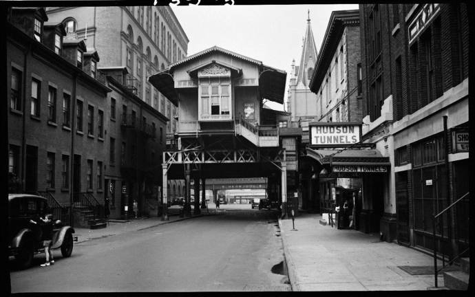 The 9th Avenue El&#x2019;s Christopher Street station in 1940. Note the Victorian architecture. The &#x201c;Hudson Tunnels,&#x201d; at right, are the same as today&#x2019;s PATH train. Photo courtesy of the Joseph Brennan Collection.