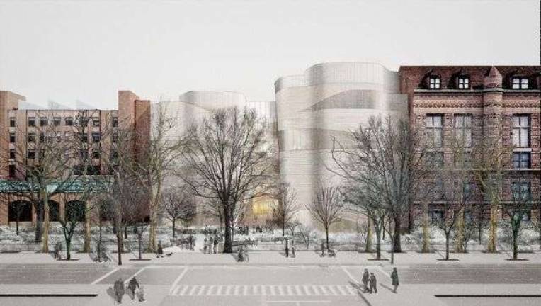 Proposed Fa&#xe7;ade Concept Wintertime View with Street Trees and Park Plantings