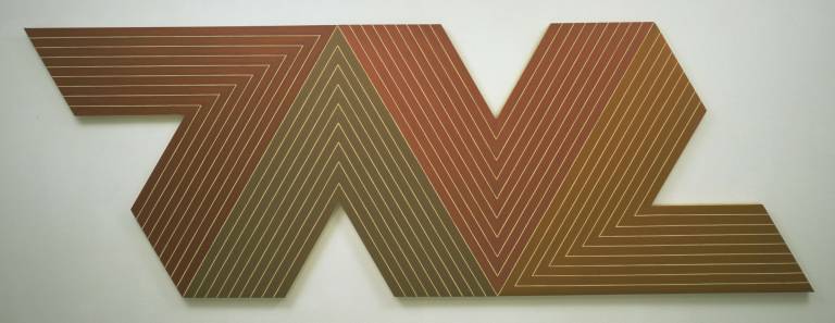Frank Stella, Empress of India, 1965. Metallic powder in polymer emulsion on canvas. 77 x 224 in. (195.6 x 569 cm). The Museum of Modern Art, New York; gift of S. I. Newhouse, Jr. &#xa9; 2015 Frank Stella/Artists Rights Society (ARS), New York. Digital Image &#xa9; The Museum of Modern Art/Licensed by SCALA / Art Resource, NY.